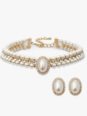 Gold-Tone Pearl & Crystal Choker Necklace with Matching Earrings